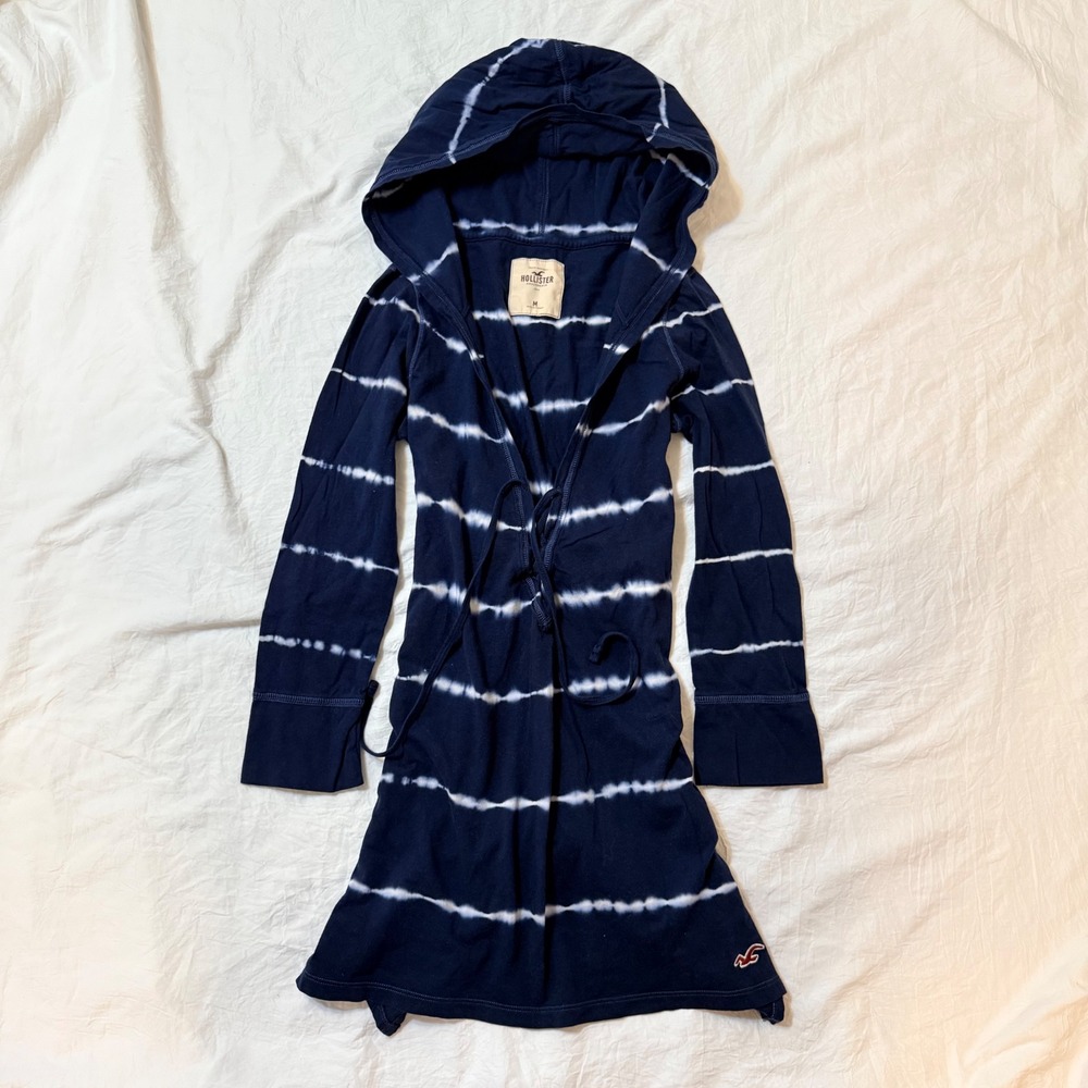 Hollister Navy Blue Tie Dye Hooded Tie Front Cardigan Wrap Top Size M